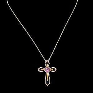 Vintage Sterling Silver Amethyst Cross Necklace Long Opera Length 30”